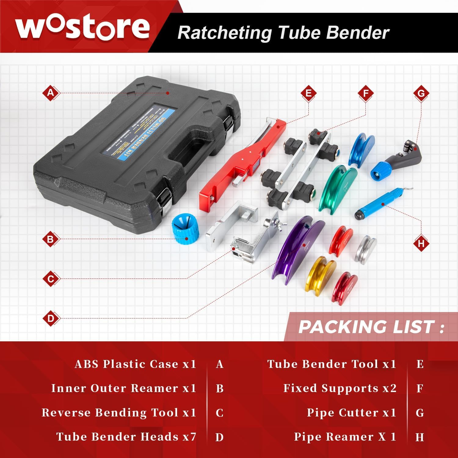 Wostore Rohrbieger Rohrbiegemaschine von Kupferrohre und Bremsleitungen manuell mit Rohrschneider Entgrater für Klimaanlage Biegezange Bremsleitung Biegewerkzeug 1/4"- 7/8" bis 90 Winkel