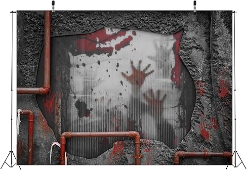 Miniatura 4 de Telón de fondo de pared de tela de 7 x 5 pies para Halloween, manos sangrientas aterradoras dentro de la pared, fondo de pared roto para Halloween,