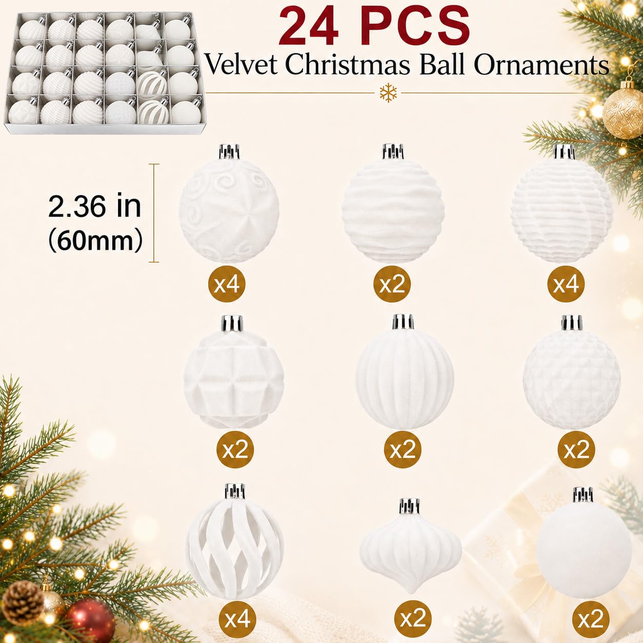 24 palline di Natale in velluto color crema, decorazioni per albero di