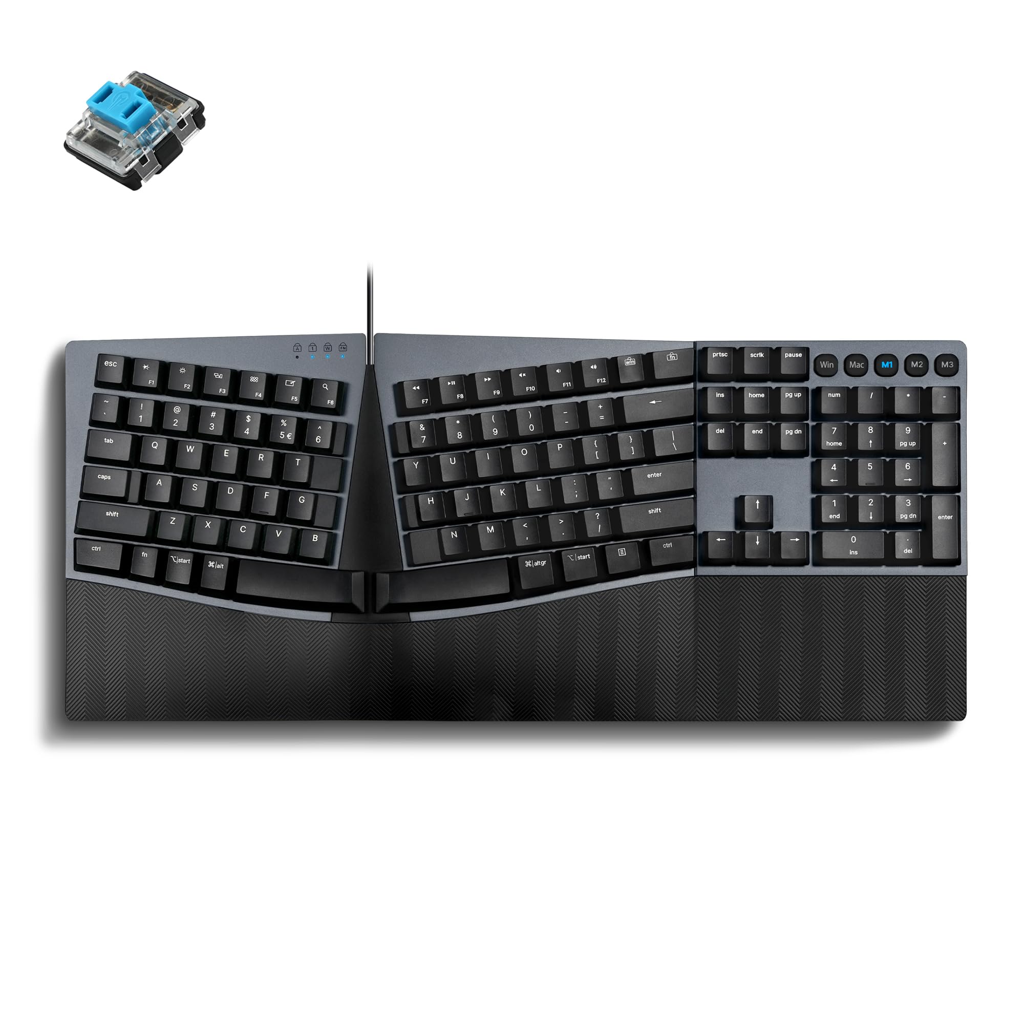Perixx PERIBOARD-535BL [Firmware Updated] Wired Ergonomic Mechanical Keyboard - Full-Size - Low-Profile Blue Clicky Switches - Compatible with Windows and macOS-image-1