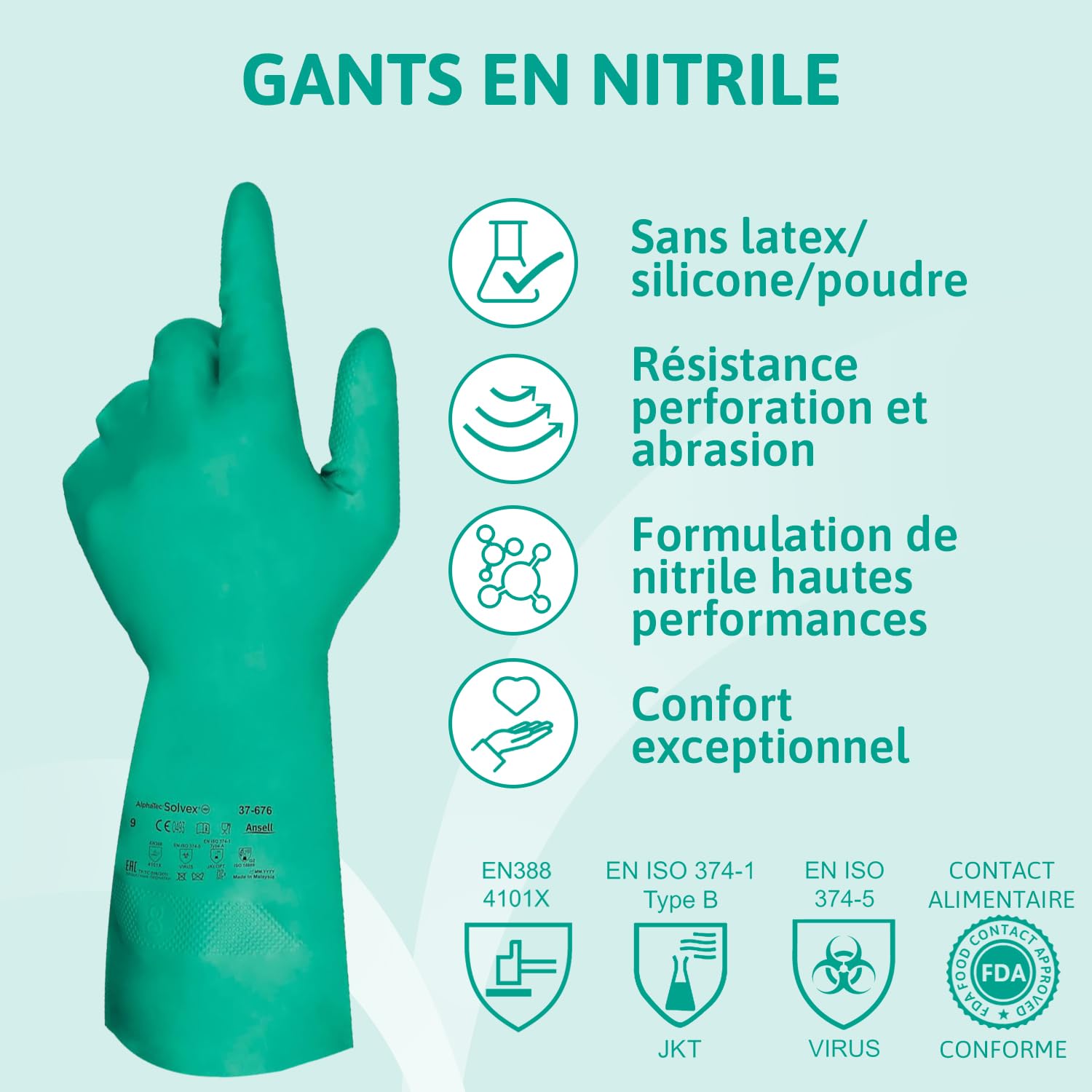 Ansell AlphaTec 37-675, Gants en nitrile résistant aux produits chimiques, Gants de travail imperméables, Gants de protection sans latex, Alimentation et nettoyage, Verts, Gants nitrile 2XL 12 paires