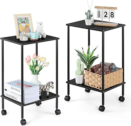 Vrisa Juego de 2 mesas auxiliares para sala de estar, mesitas de noche para espacios pequeños, juego de 2 mesas auxiliares pequeñas y estrechas con