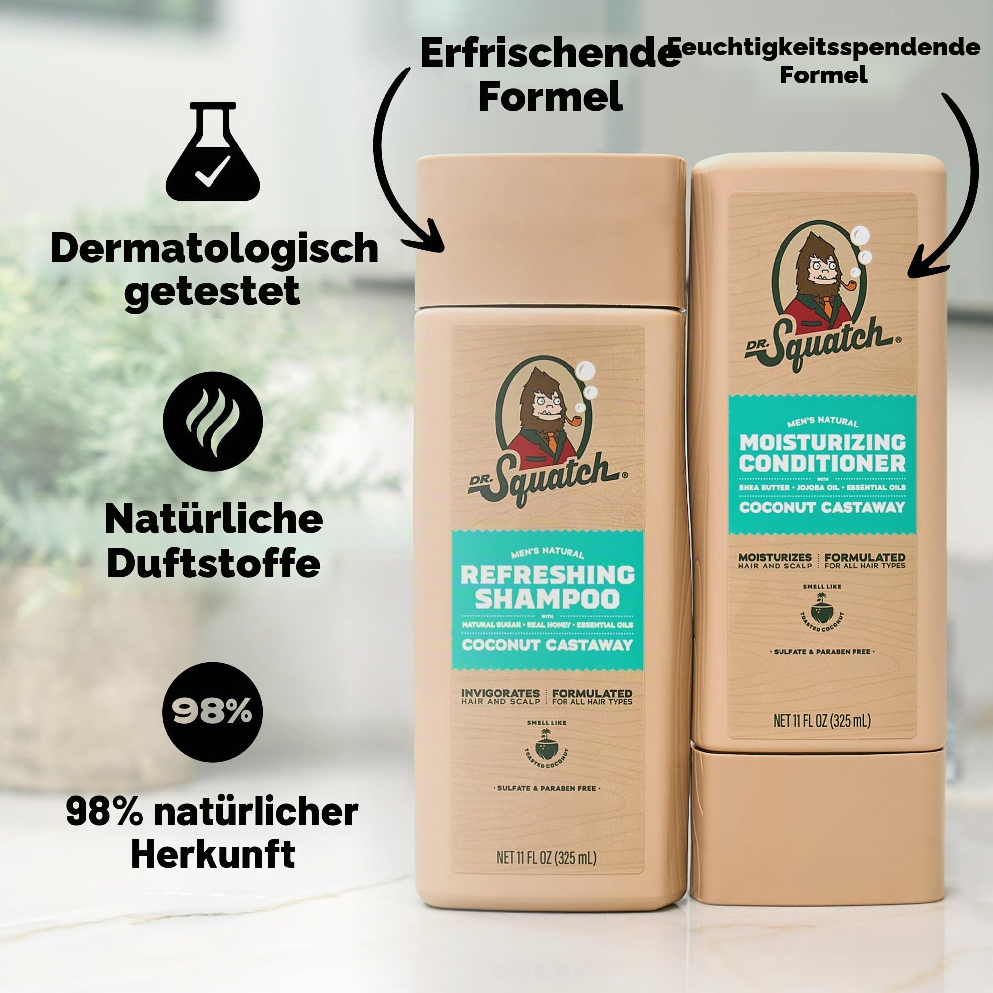 Dr. Squatch Natürliches Shampoo & Conditioner Set für Männer – gesund aussehendes, volleres Haar – Coconut Castaway Shampoo und Conditioner für Herren (325 ml, 2er-Pack)