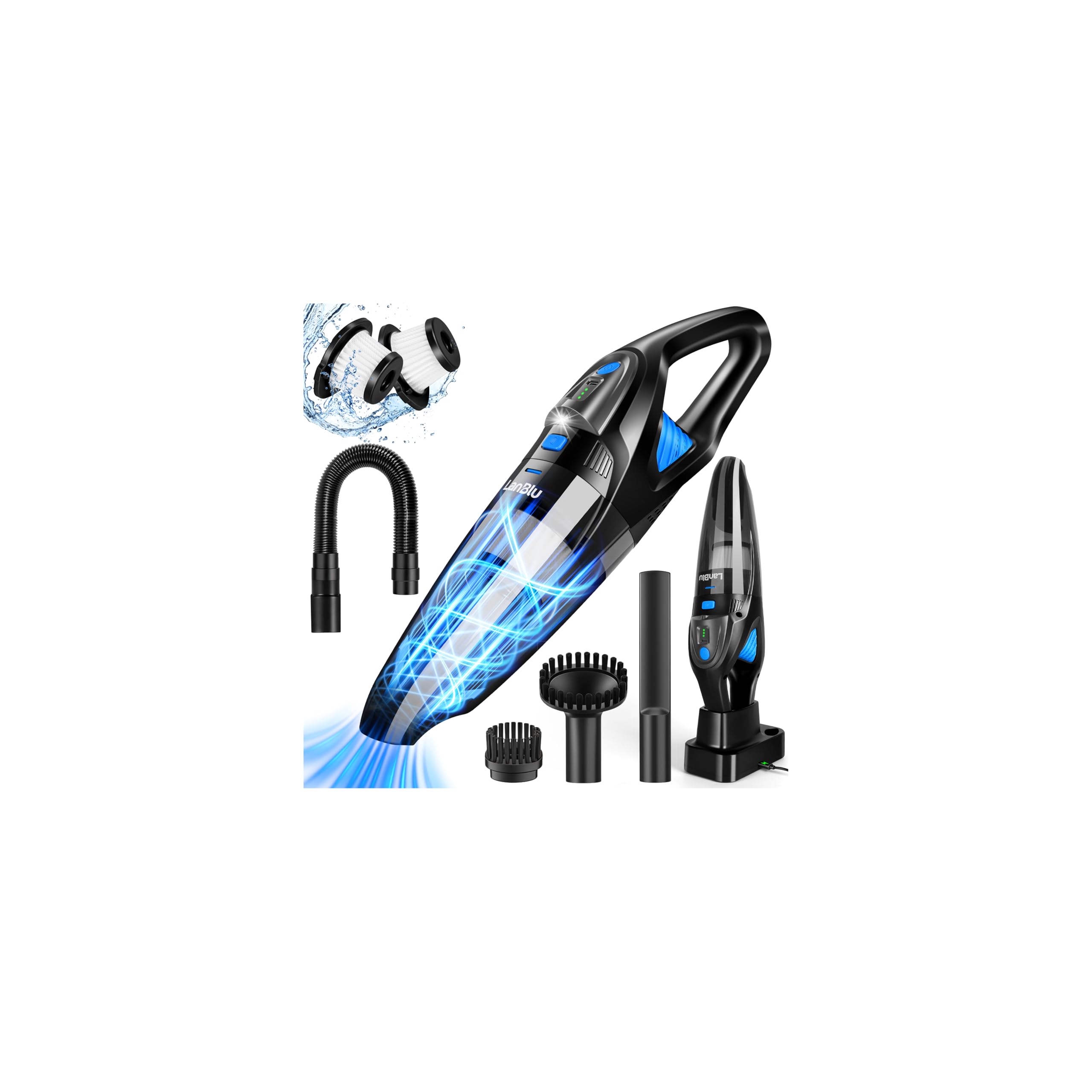 LanBlu 25000Pa Aspirapolvere Auto con Stazione di Ricarica & LED per Casa | Bagnato e Asciutto Aspirapolvere Portatile con 2 Filtro, 8000mAh 120W Aspirapolvere Auto Potente per Cucina Animali