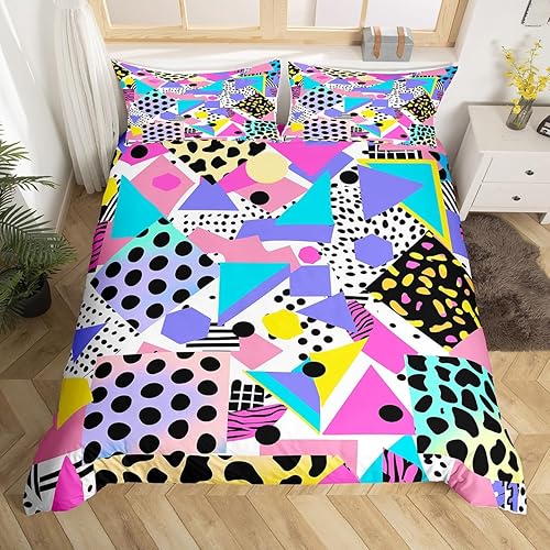 Juego de funda de edredón retro de los años 80 y 90 para hombres y niños, tamaño matrimonial, con formas geométricas redondas triangulares, funda de