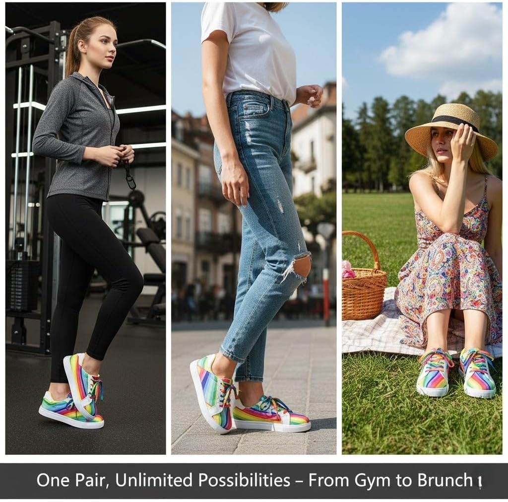 Womens Platform Sneakers Rainbow Stripe | Colorful Casual Fashion Shoes Lightweight Low Top for Everyday Walking 39