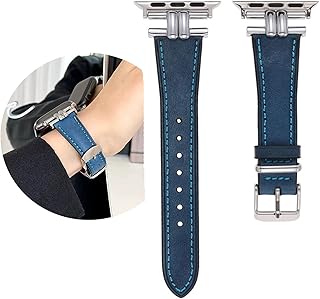 Slim Leather Bands Compatible Apple Watch Women Blue 42mm 44mm 45mm 49mm, Jullstar Leather Strap with Silver I-Shape Stainless Steel Metal Buckle Fashion Retro Vintage Wristband for Iphone Watch Ultra SE Series 8/7/6/5/4/3/2/1-blue