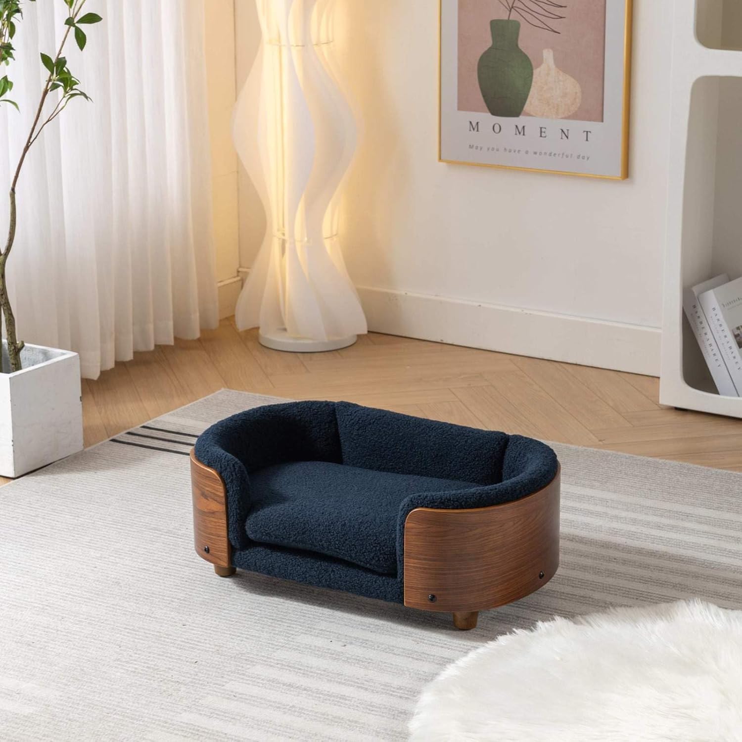 Elevated Pet Sofa Bed with Solid Wood Legs, Bent Wood Back, and Cashmere Cushion - Luxury Pet Furniture for Cats and Dogs, Dark Blue & Walnut
