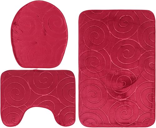 Miniatura 5 de Juego de 3 tapetes de baño, tapetes con relieve para tapa de inodoro, tapete antideslizante absorbente lateral para baño, baño (rojo)