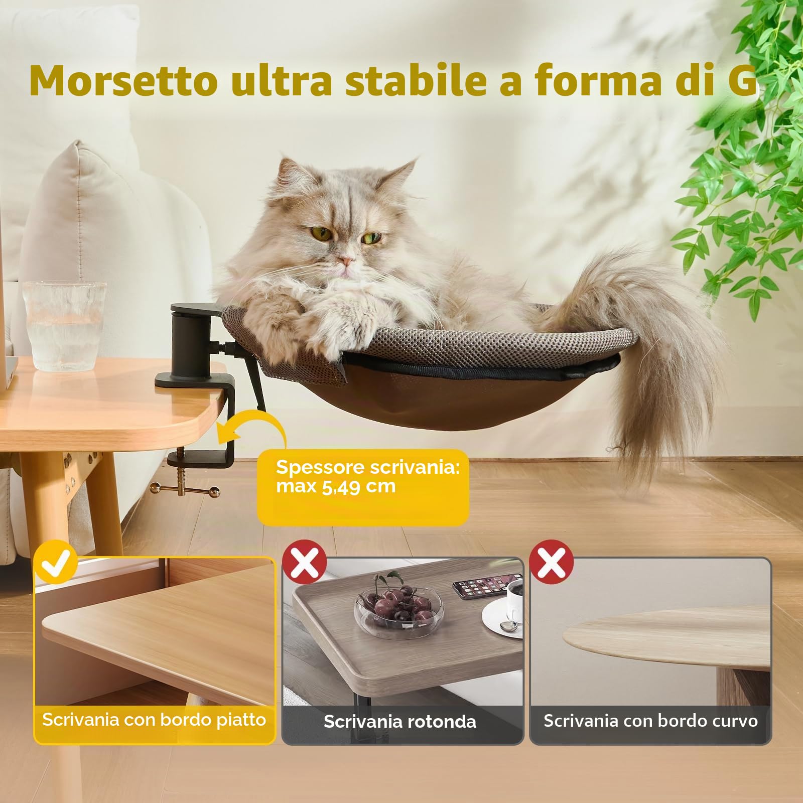 CATISM Lettino per Gatti da scrivania Rotazione a 360° Morbido Perfetto per Ufficio e Lavoro Amaca per Gatti da Interni con 2 tappetini per Animali Domestici Fino a 20 kg