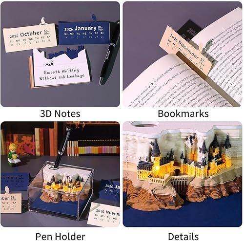 Miniatura 6 de Calendario 3D 2024 Bloc de notas 3D Magic Castle Calendario Semanal Bloc de notas con luz Calendario de escritorio creativo DIY Tallado de papel