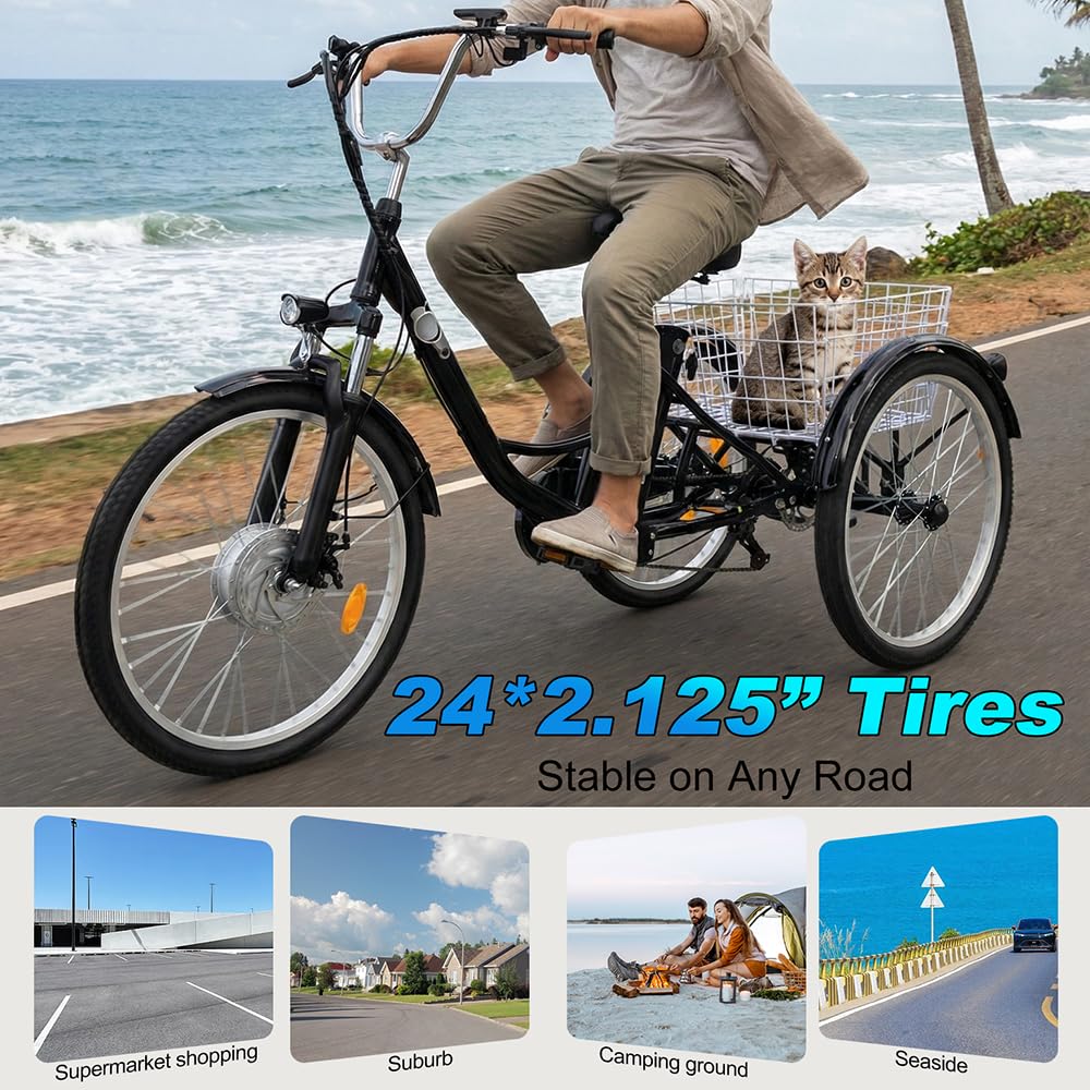 Triciclo eléctrico para adultos M300 Batería extraíble de 36 V 15 Ah Neumáticos antideslizantes y resistentes al desgaste de 24 x 2,125 pulgadas Triciclo de camping Triciclo de transporte para
