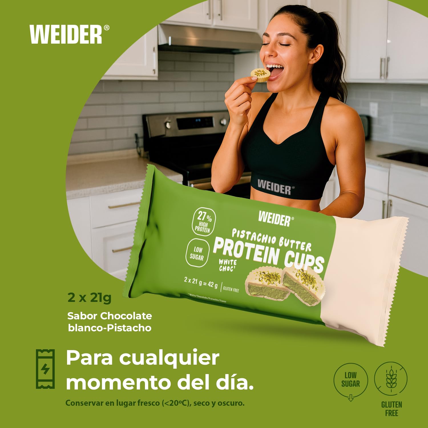 Weider Protein Cups Pistachio Butter (20x42g) Tartaletas con Alto Contenido de Proteínas y Bajo en Azúcar, con cobertura de Chocolate, Sin gluten (20 sobres de 2 tartaletas)