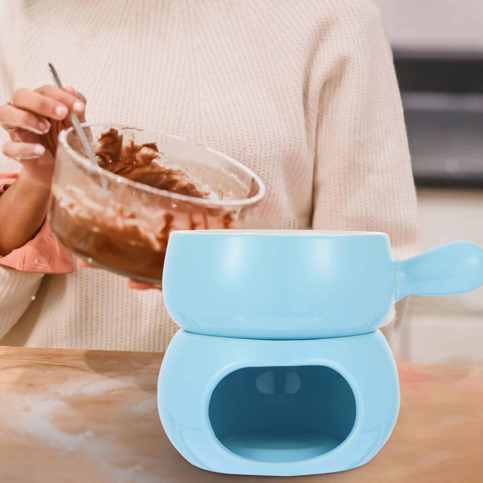 TEHAUX Keramik Schokoladenfondue Satz Mit Edelstahlgriff Käsefondue Wärmer Haushalt Fondue Gabeln Und Kerzenhalter