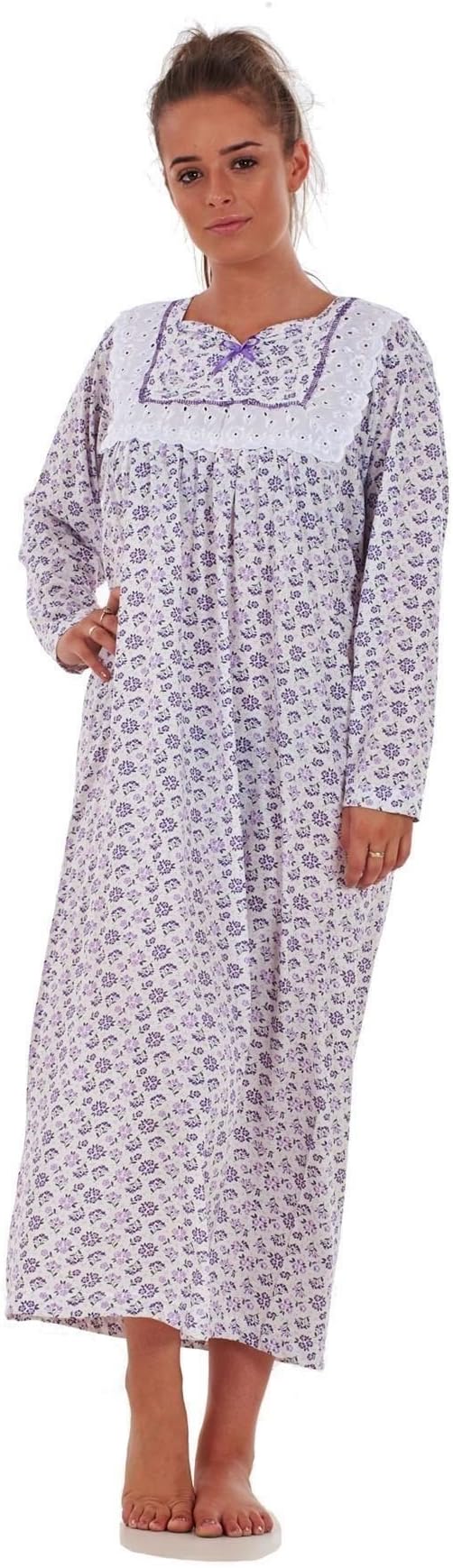 Bay eCom UKWomen Nightwear Floral Print 100% Cotton Long Sleeve Long Nightdress M to XXXL Lavender