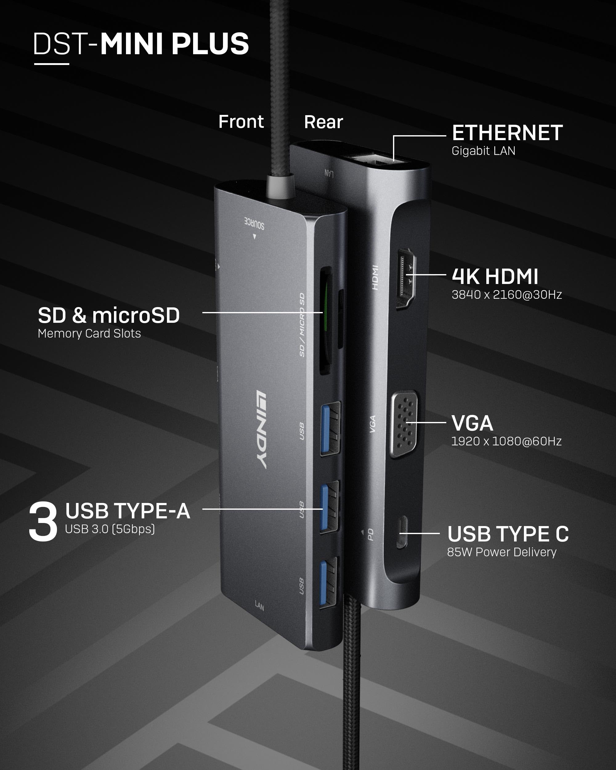LINDY Mini Docking Station per Laptop USB C con Supporto HDMI 4K, VGA & Ricarica Pass-Through 100W