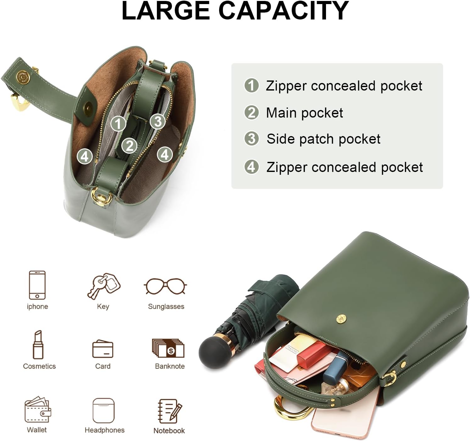 Leather Crossbody Bucket Bag Shoulder Bags for Women Purses Handbags Adjustable Strap Designer Bags ﻿ - Image 4