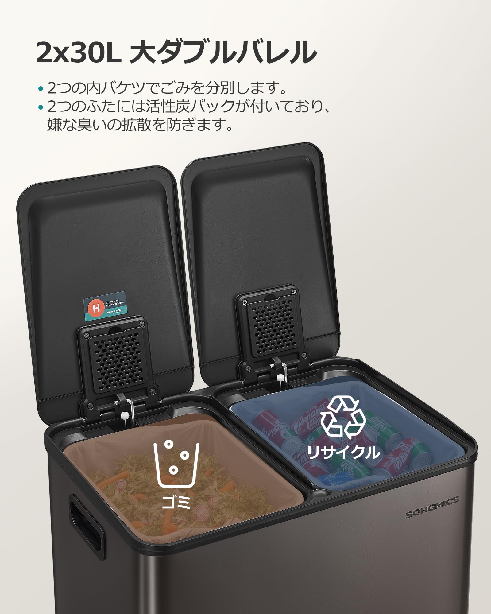 Amazon｜SONGMICS ゴミ箱 分別 2x30L ふた付きダストボックス キッチン