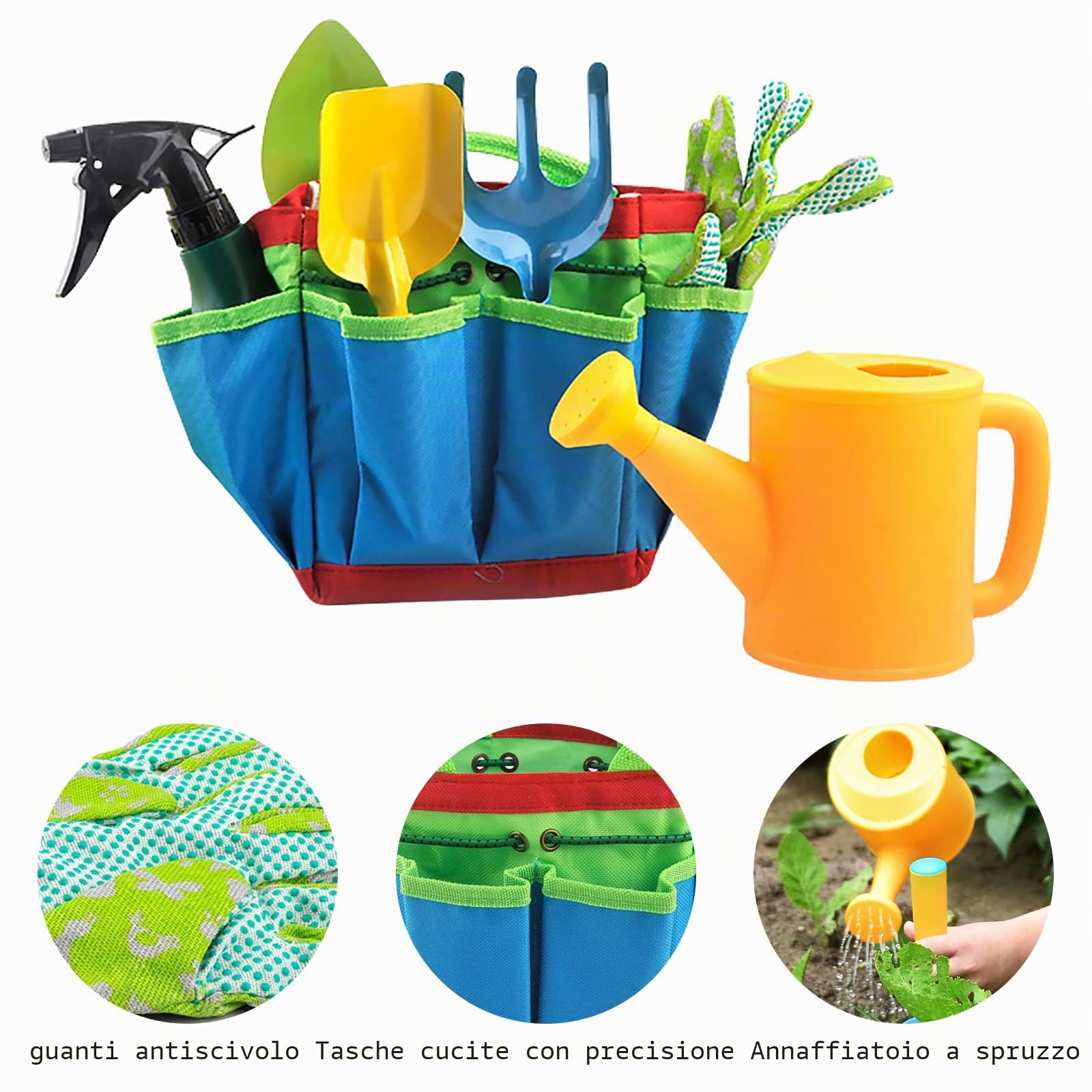 23 Pezzi Set da Giardinaggio per Bambini con Annaffiatoio, Pala, Rastrello, Vanga, Guanti, Grembiule e Attrezzi