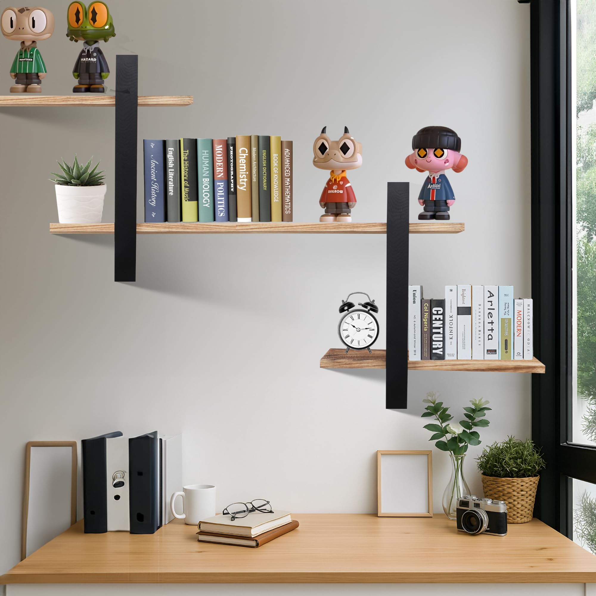 Lot de 2 étagères murales de rangement et de présentation pour salon, chambre à coucher, salle de bain, cuisine et bureau (noir + noir carboné)