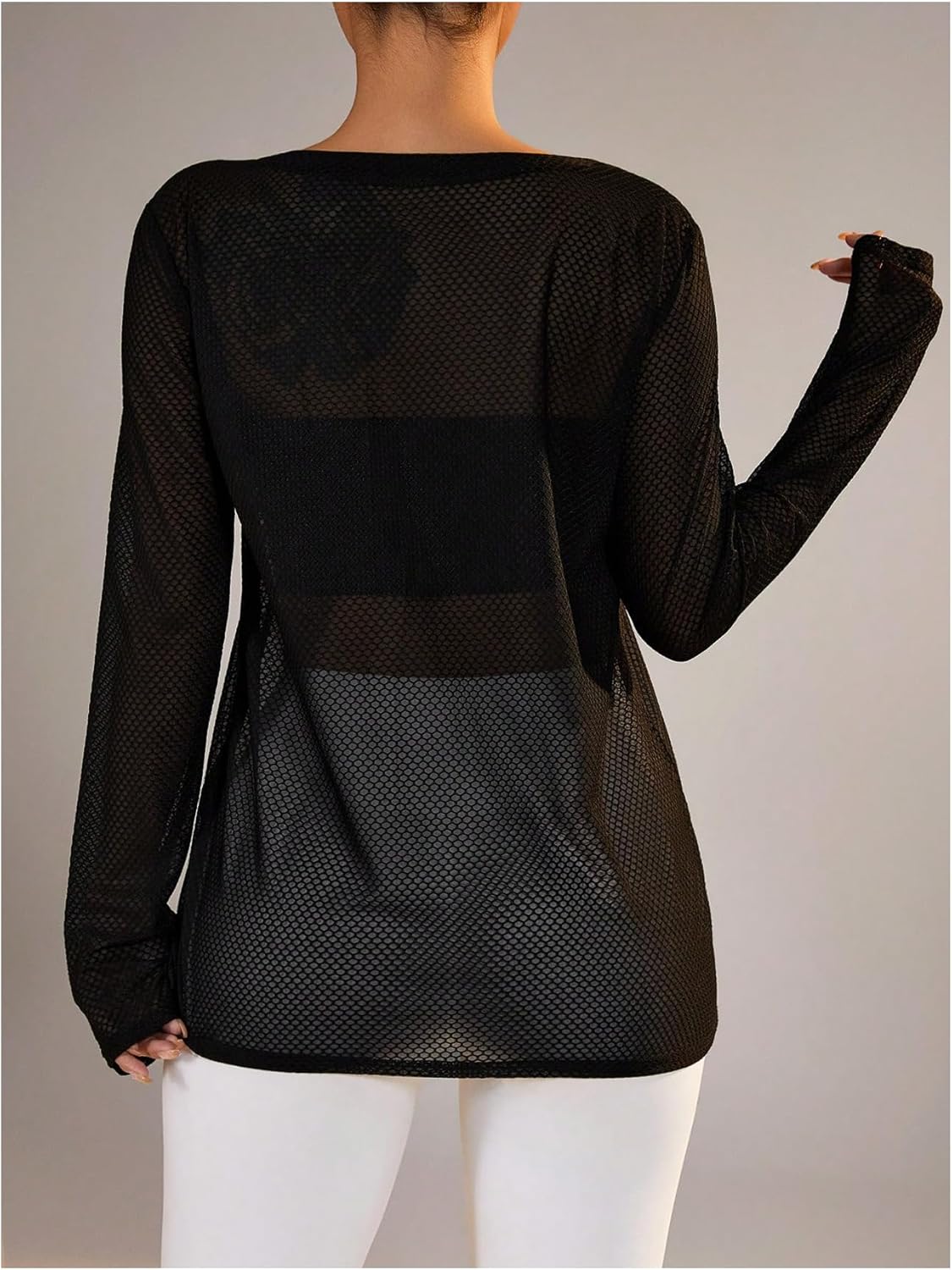 SweatyRocks Women's Long Sleeve Crew Neck Loose Gym Workout Mesh Smocked Tops - Image 2