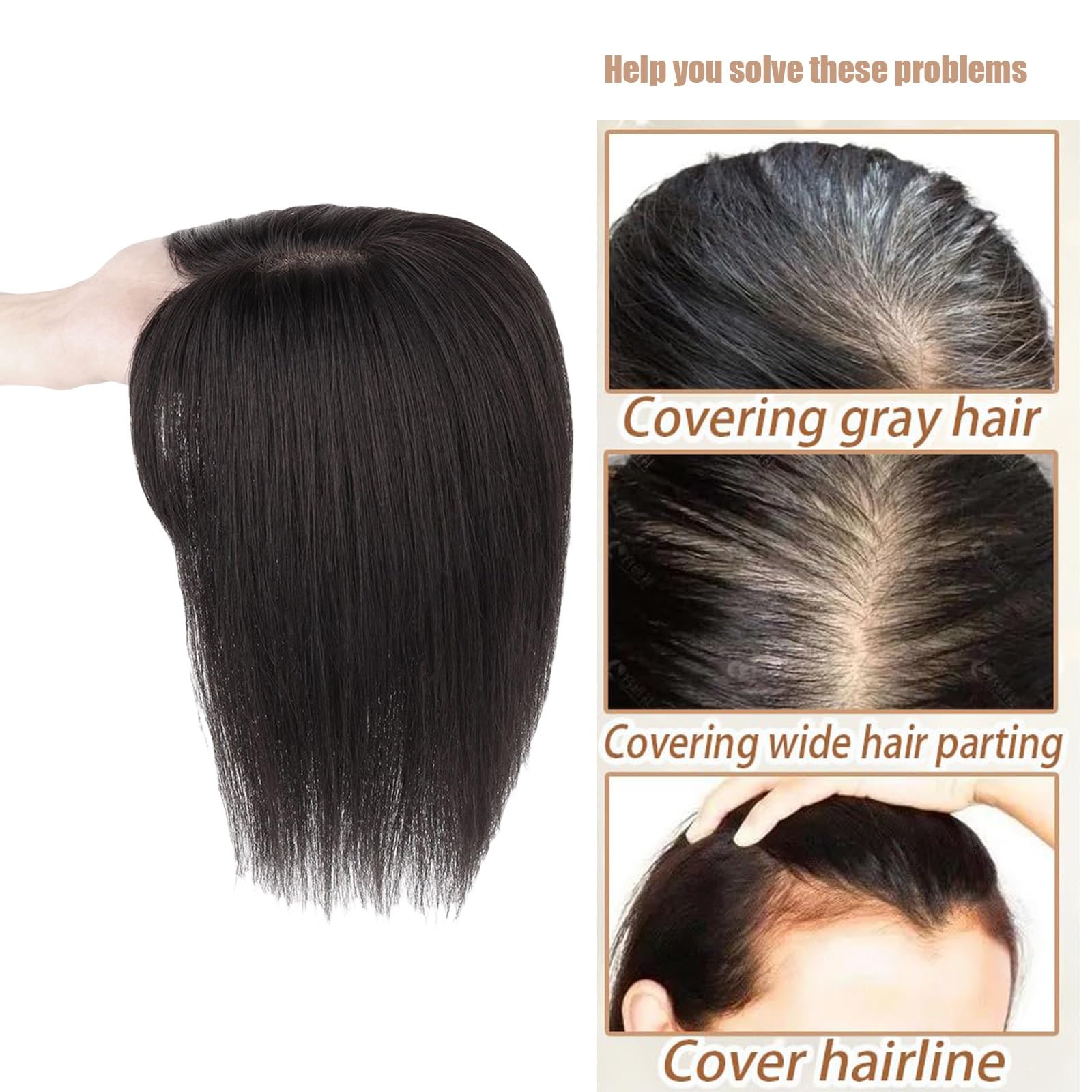 Schwarze Haar-Toppermit Pony 100% Echthaarteile for Frauen 5 X 5 Zoll Seidentoupet Clip-In-Haarteile Haarverlängerungen for Dünner Werdendes Haar(12 inch)