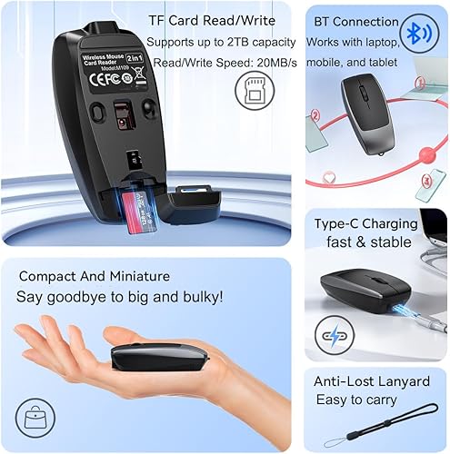 Miniatura 5 de Ratón inalámbrico con Bluetooth de dedo pequeño con lector de tarjetas TF, bolsillo silencioso, portátil, portátil, compacto, USB, portátil,