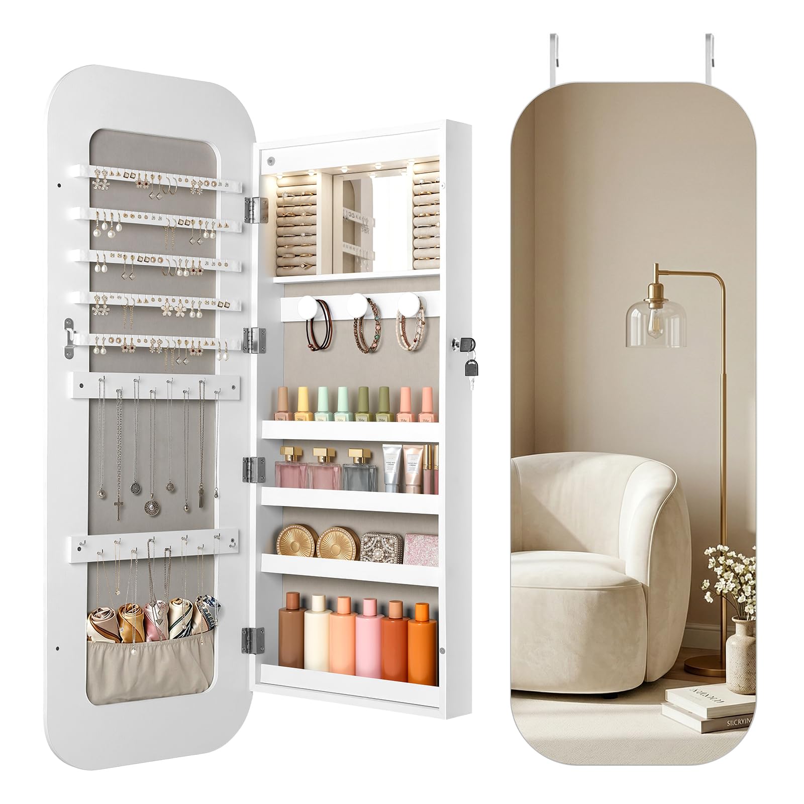 EDIMENS Mirror Jewelry Cabinets, Led Full Length Mirror, Door Hanging/Wall Mounted Jewelry Armoire, Large Storage, Bedroom Lockable Cosmetics Jewellery Organiser (White, Oval-Inner Light)
