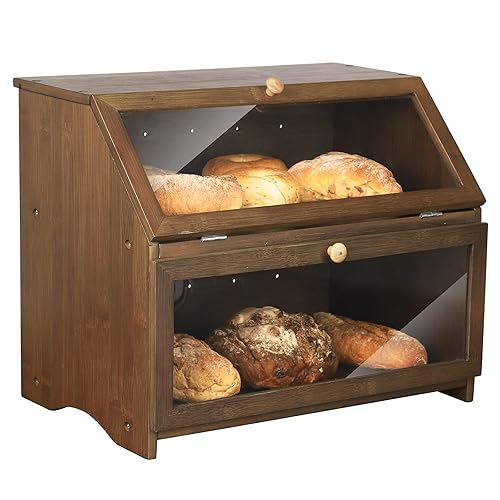 HOMEKOKO Double Layer Large Bread Box for Kitchen Counter, Wooden Large Capacity Bread Storage Bin (Brown) - Brown