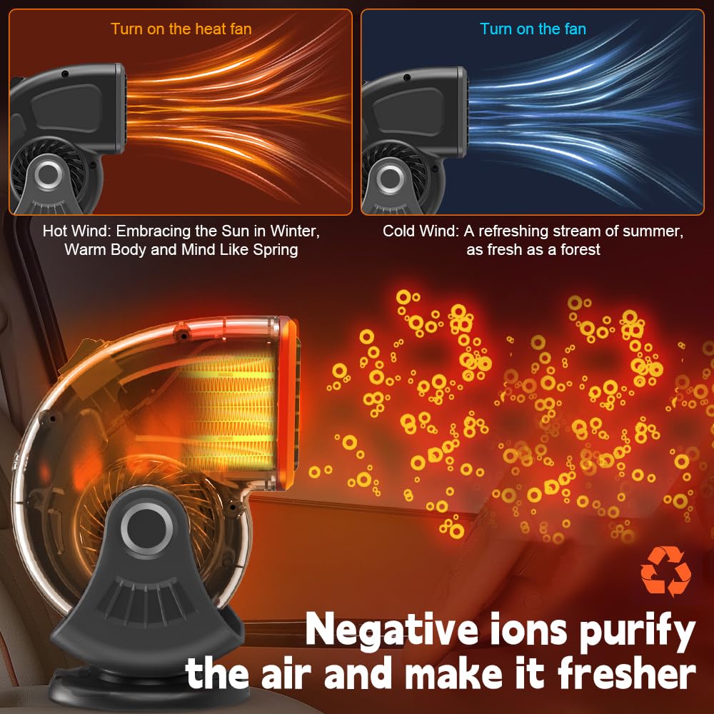 Riscaldatore per Auto, 12V Ventola di Riscaldamento per Parabrezza, 150W Ventola di Raffreddamento, 2 in 1 Riscaldamento Auto, Riscaldamento per Auto di 360°, Stufa per Auto, SUV, Campeggio
