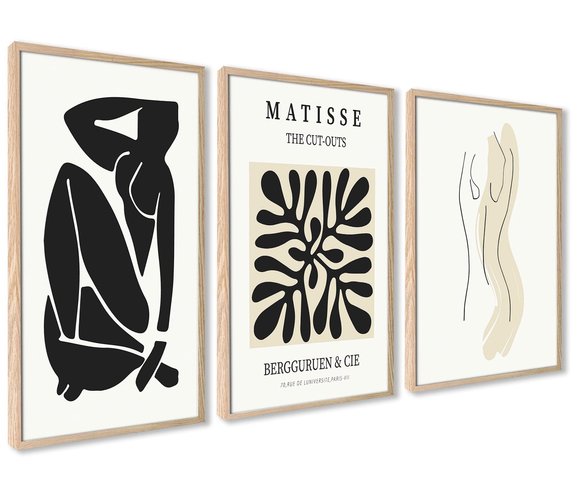 ag.art deco Pictures for Living Room | 40x50 cm Framed Wall Art | Posters with Wooden Frame | Canvas Wall Art for Hallway and Stairs | Room Decor | Set of 3 Artwork (Black Matisse Set)