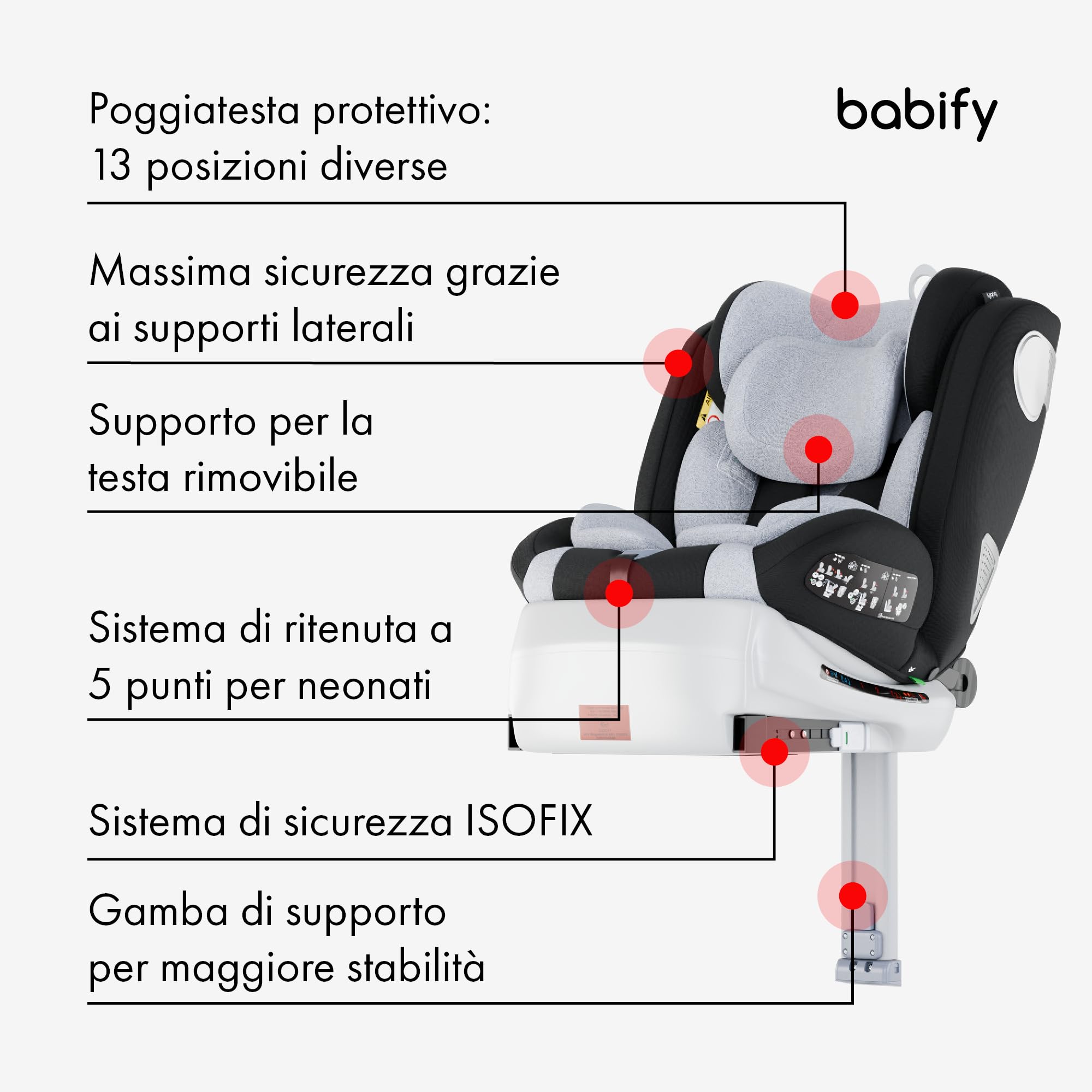 Babify - Seggiolino Per Auto, 0-36 Kg, Isofix, Rotazione A 360°, ECE R129, Reclinabile, 5 Punti, Grigio, Per Bambini Da 40 A 150 cm, Poggiatesta Regolabile, Gamba Di Sostegno, Facile Da Pulire