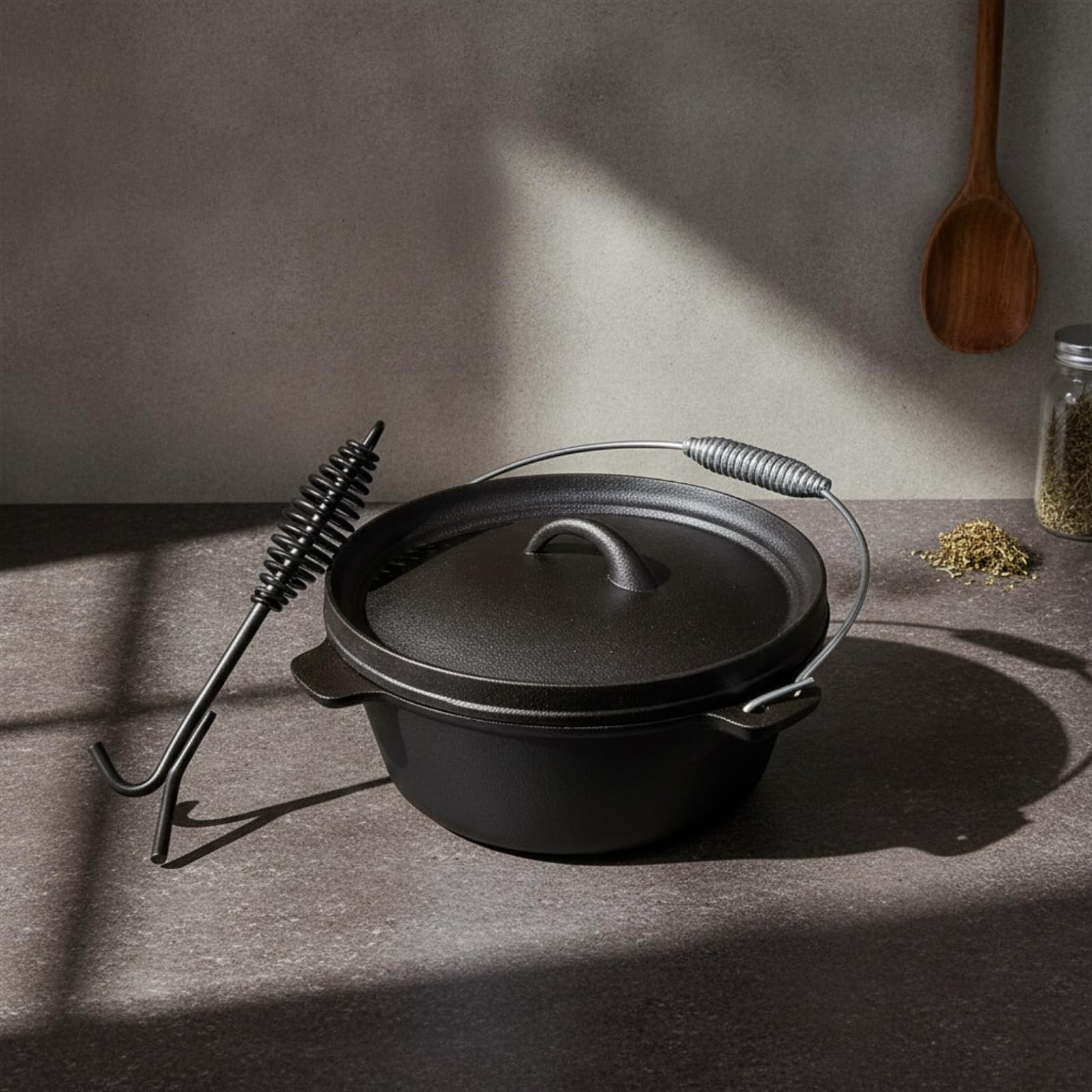 Colcolo Olla de Hierro Fundido Olla de Guiso Cazuela Caldero con Tapa y Asideros Laterales Incluye Gancho para Manipular la Tapa sin Recubrimiento Adecuada