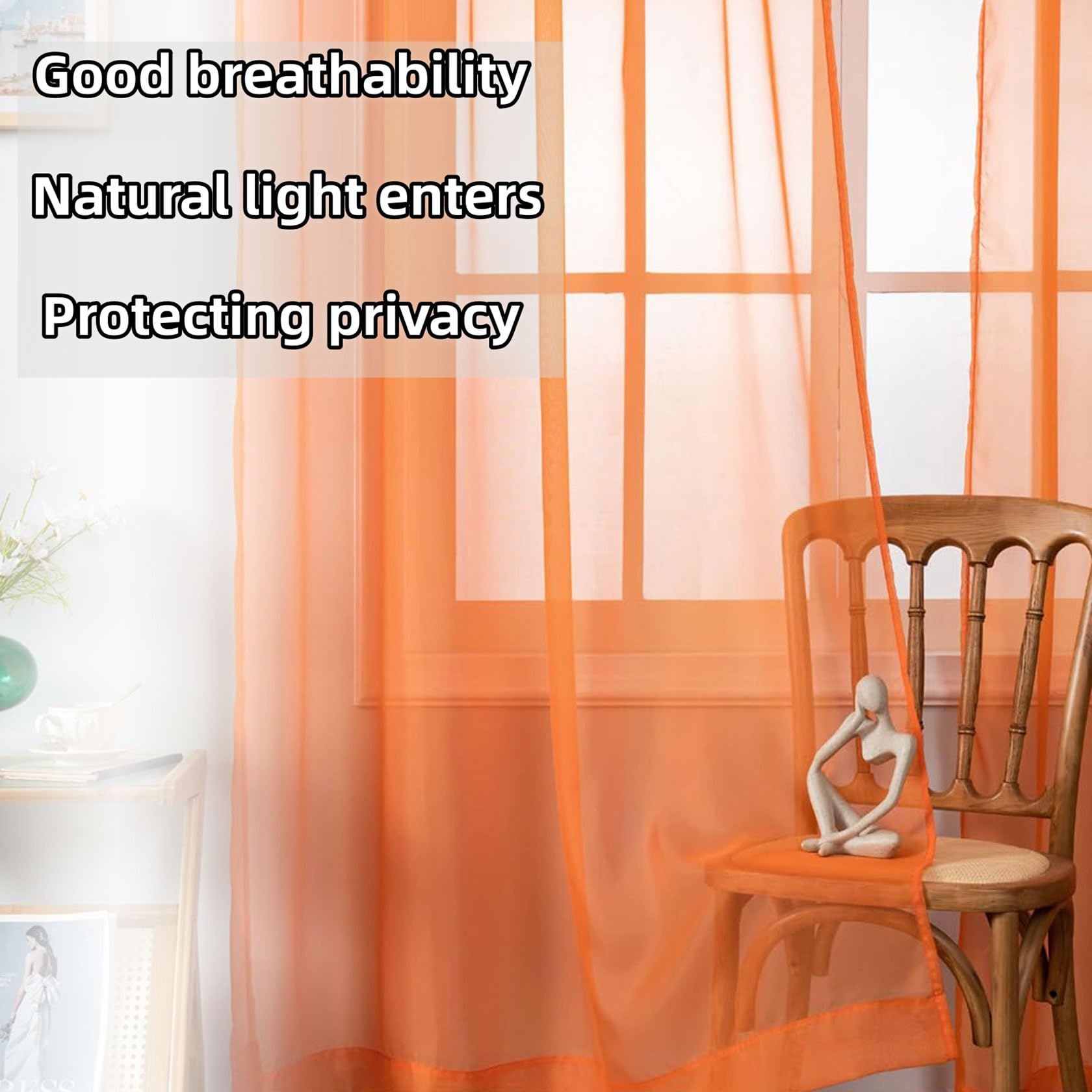 Voile Gardinen 200 x 230 cm mit Ösen, aus Voile Polyester, Luftig Fenstervorhang, Lichtdurchlässig Einfarbige, Optik Transparent, Langlebig für Fenstervorhang Wohnwagen, Orange