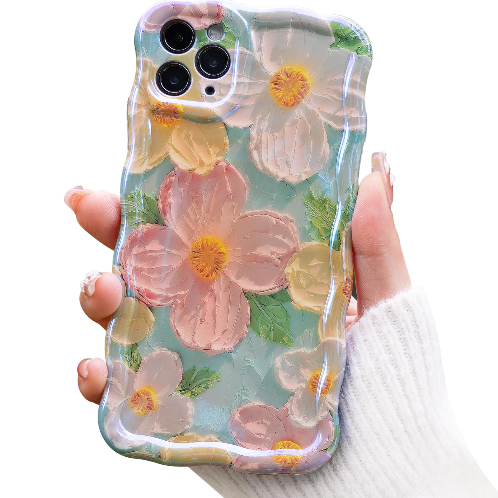 Cute Case for iPhone 11 Pro Max, Colorful Retro Oil Painting Printed Flowers Case, Fashion TPU Floral Laser Beam Glossy Pattern Curly Waves Frame Shockproof Protective Cover for Girls Women