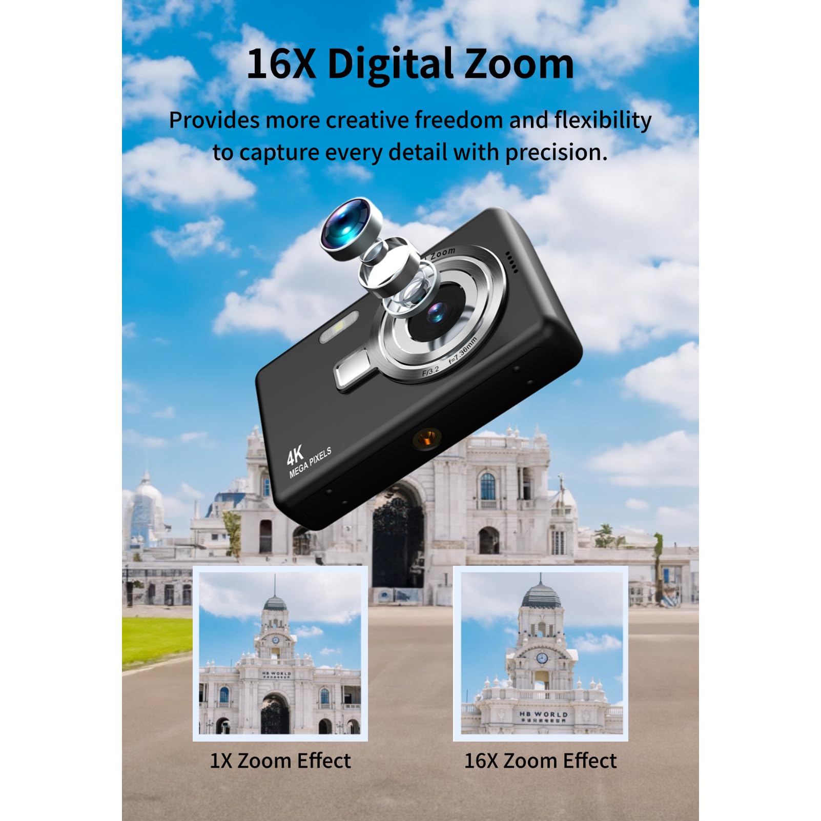 Fotocamera Digitale con Schermo TFT da 2,4 Pollici, Fotocamera da 12 MP 1080P, Fotocamera Digitale Punta e Scatta con Zoom 16X Anti-vibrazione, Fotocamera Compatta per Vlogging