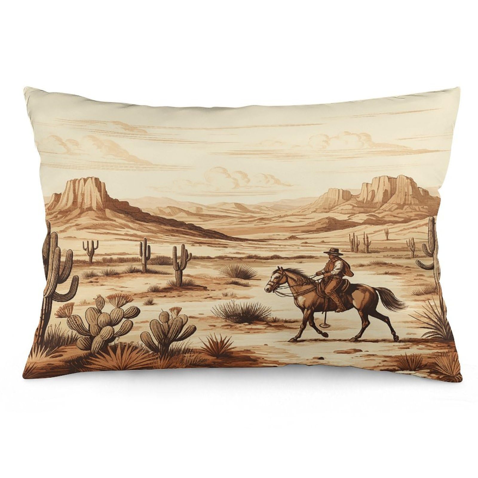 West Desert Cactus with Cowboys Riding Horses Throw Pillow Cover Soft Pillow Case Decorative Lumbar Pillow Cover Cozy Throw Pillowcase Polyester Rectangular Cushion Case Decor for Couch Sofa Bed