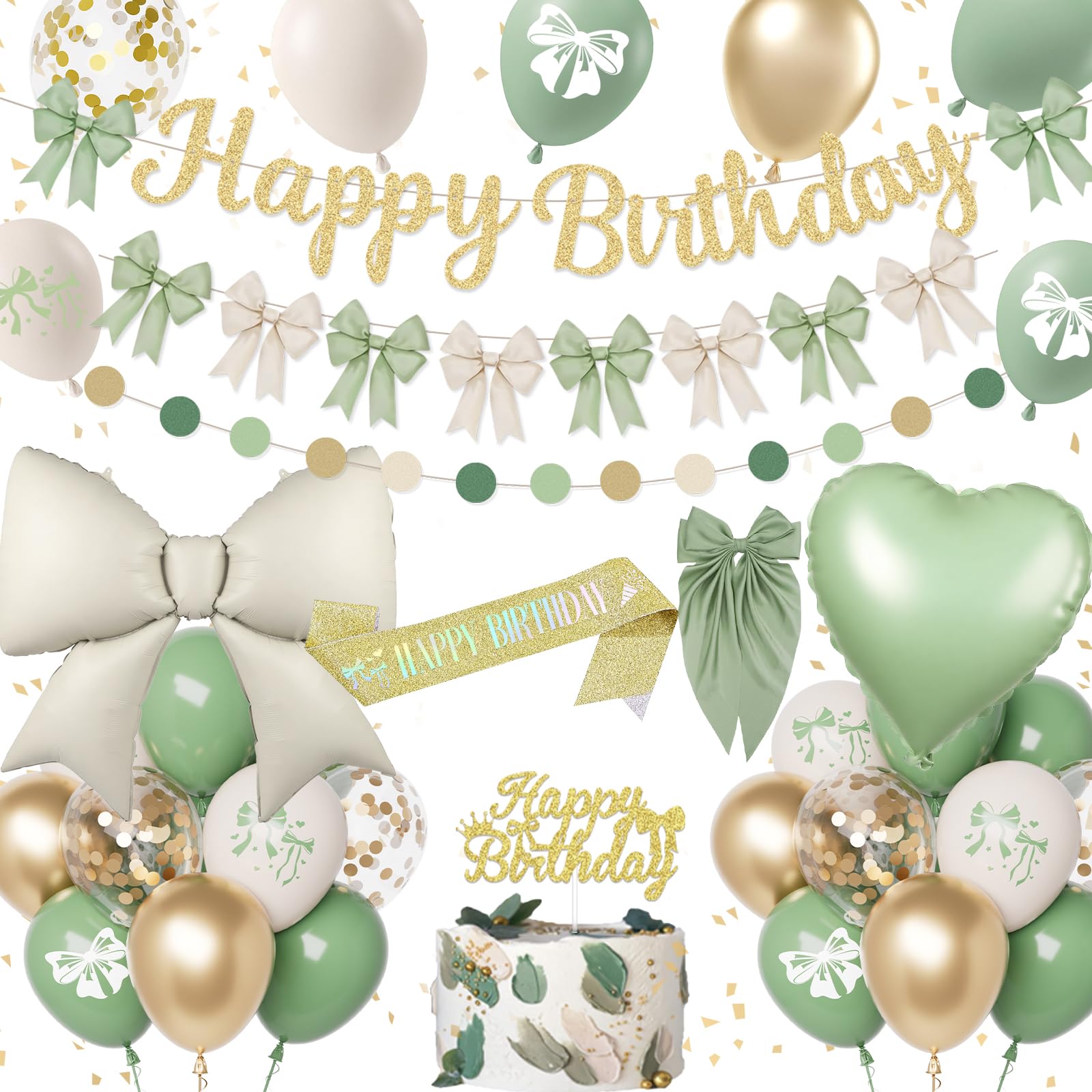 Sage Green Birthday Decorations for Girls Women, Bow Party Decoration with Happy Birthday Banner Glitter, Sage Green Gold Balloons, Hair Clips, Bow Foil Balloon, Sash, Coquette Party Deco for Princess