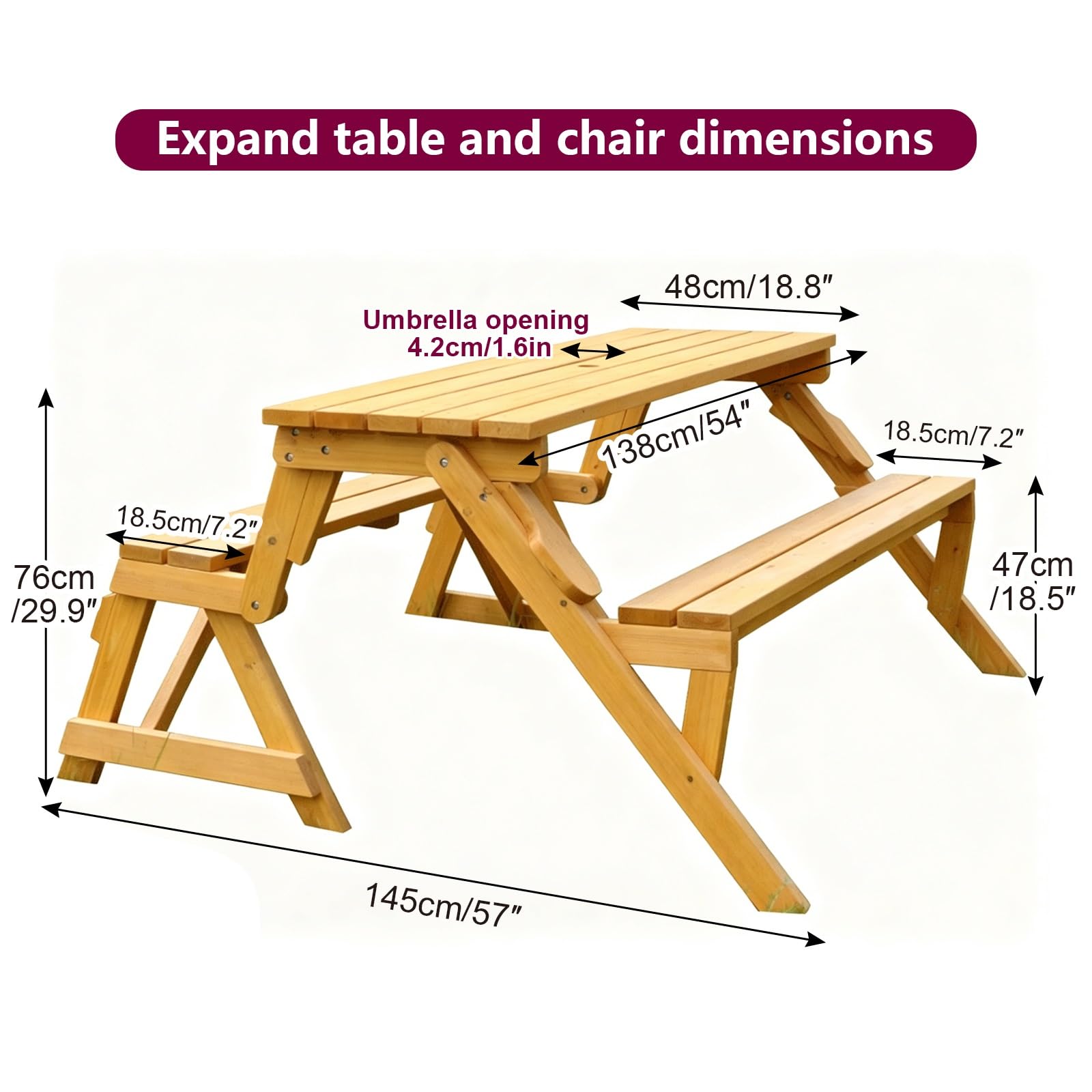 Mesa de picnic convertible de madera maciza, mueble transformable 2 en 1 con agujero para sombrilla para patio, jardín