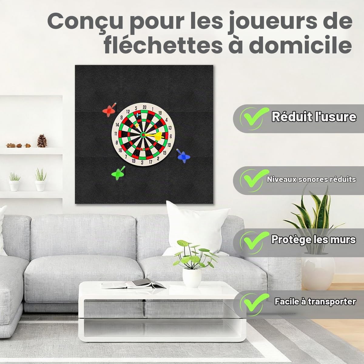 Protection Murale pour Cible de Fléchettes, 60 * 90CM Protection Murale en Feutre Protection Pliante de Jeu de Fléchettes pour Carreaux Muraux en Feutre, Dos en Liège, Autocollantes