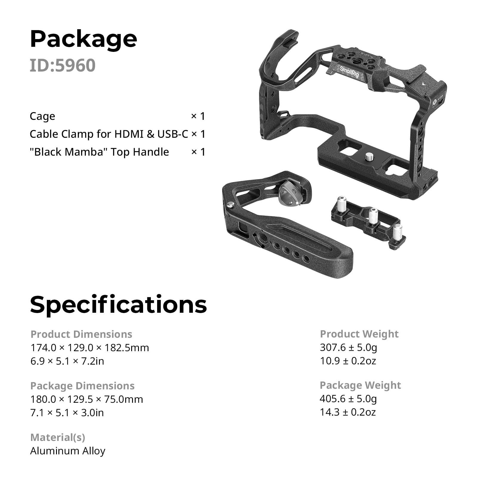 SMALLRIG R6 Mark III / R6 Mark II Cage "Black Mamba" Kit palmare per Canon con manico superiore, gabbia completa, morsetto per cavo HDMI e USB-C - 5960
