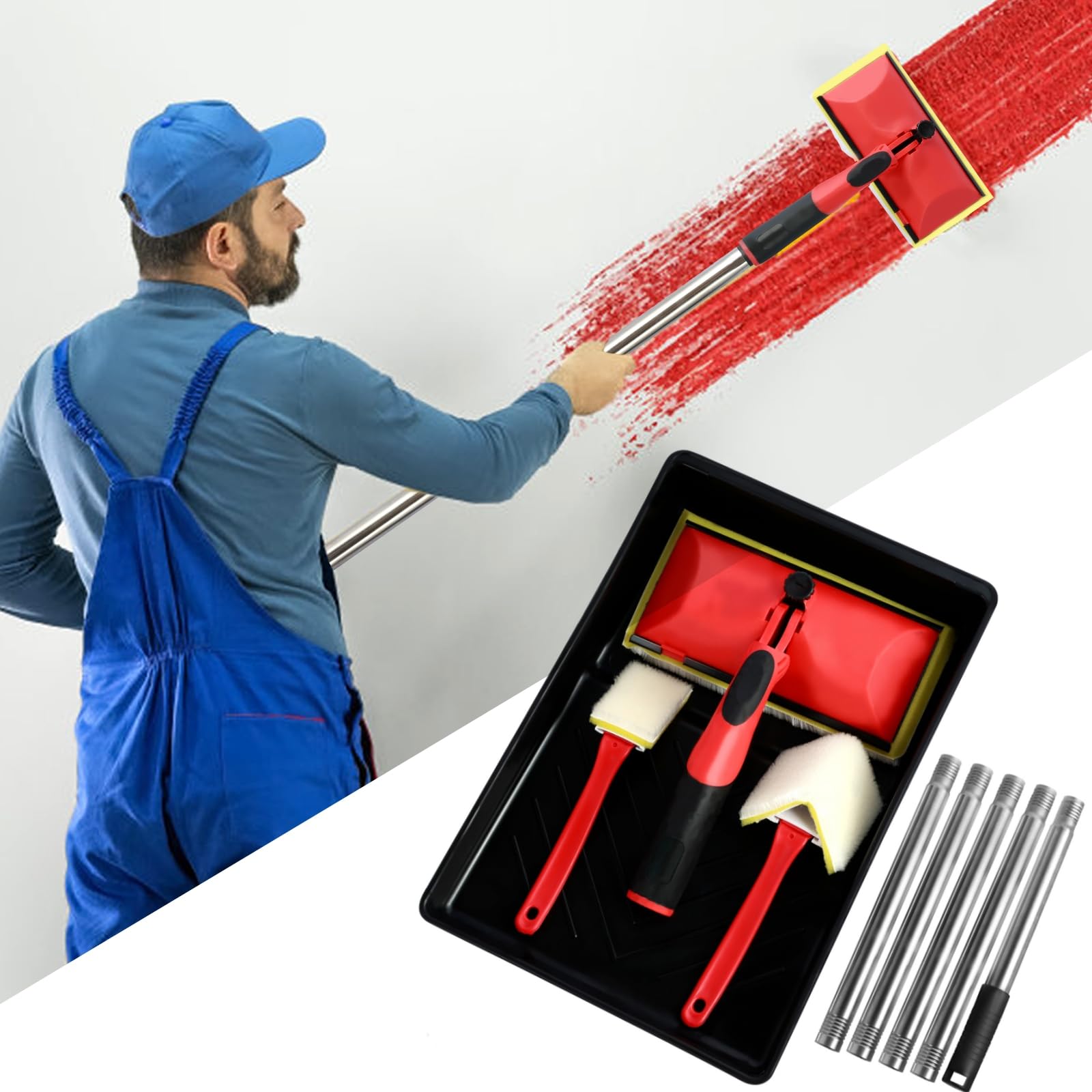 7 Inch Paint Pad Set - Paint Pads for Walls and Ceilings, Flat Decorating Painting Pads with 124CM Extension Pole & Paint Tray, Paint Edging Tool Paint Pad Applicator for Wall Corner Wooden Decks