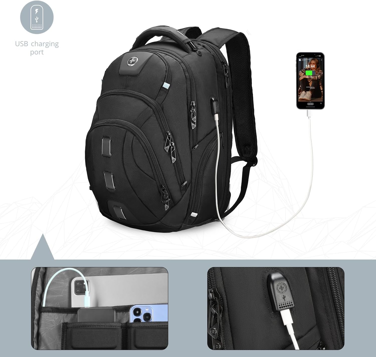 Swissdigital Design Tech Backpack for Men, Compact Organized, TSA Friendly with Apple Find My Network, USB Charging RFID Protection for College and Business, Fits 17" Laptops, Black | SD1644FB-01 - Image 3