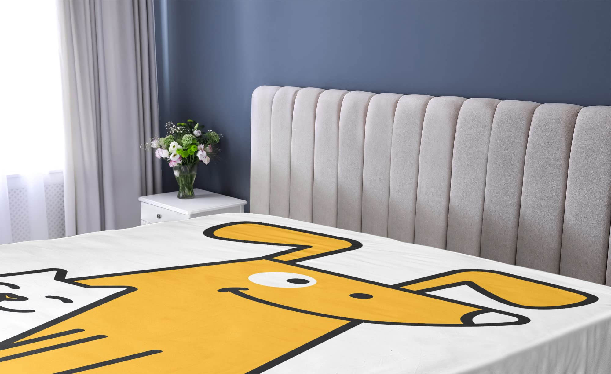 Ambesonne Cartoon Fitted Sheet, Cats and Dogs Human Best Friends Forever Room Art Print, Soft Decorative Fabric Bedding All-Round Elastic Pocket, Twin Size, Apricot White