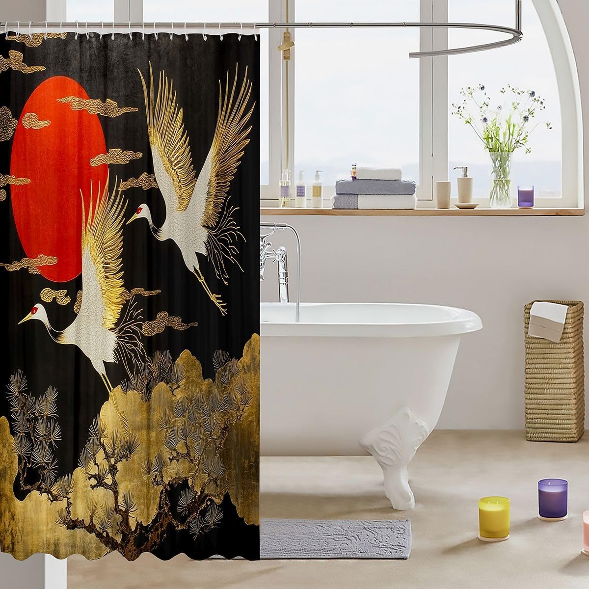 Erosebridal Japanese Crane Shower Curtain 72" Wx72 L Black Gold Ukiyoe Theme Bathroom Curtain Asian Anime Bathroom Accessories for Kids Adults,Wild Animal Shower Decor image 3