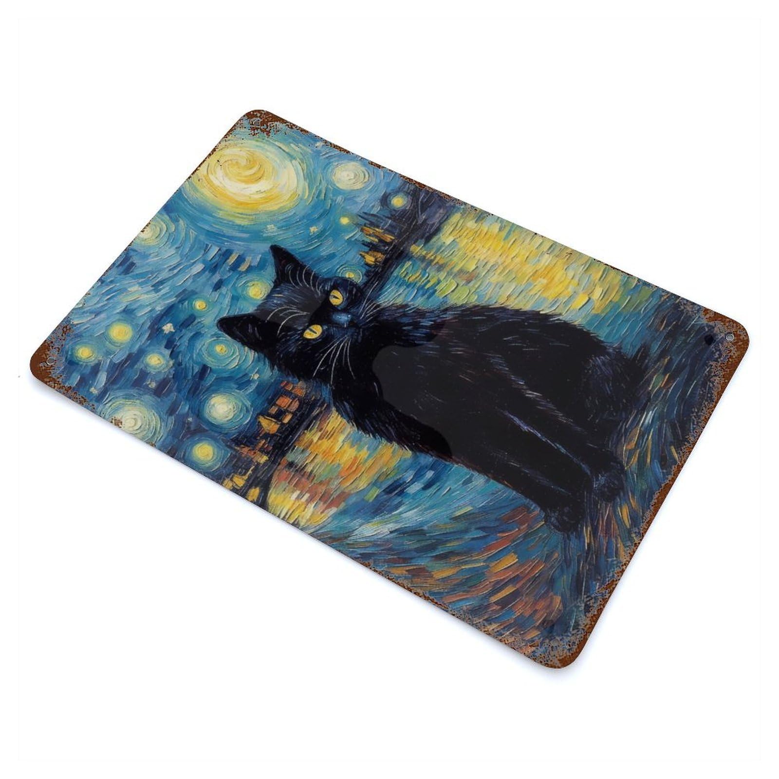 Cat Night Starry Art Decorative Tin Sign 11.8"x7.9", Retro Wall Decor for Living Room, Hallway And Home Decor