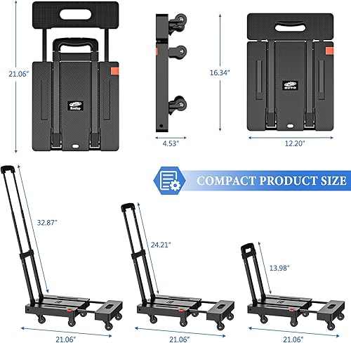 Miniatura 9 de SOYO Camión de mano plegable, carrito de mano resistente de 500 libras, carrito de equipaje plegable portátil de 6 ruedas con 2 cuerdas elásticas