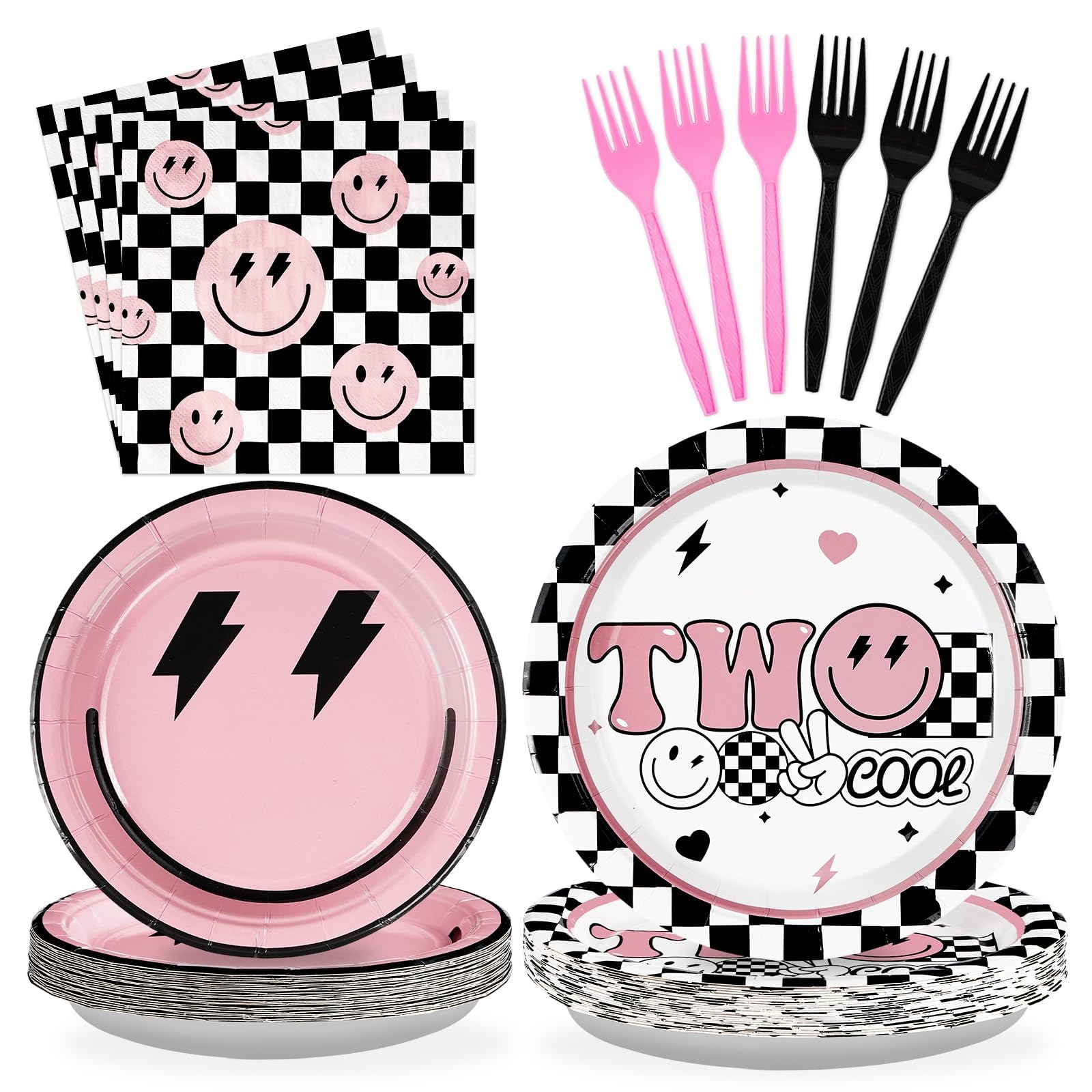 Grencian 96 Pcs Two Cool Dude Birthday Party Decorations Pink 2nd Birthday Supplies Tableware Set for Girls Two Years Old Happy Dude Pink Black