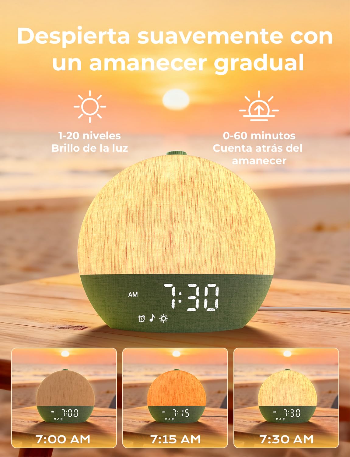 LIORQUE Despertador Amanecer, Despertador Luz Natural Simulación Amanecer | 17 Modos de Luz, 30 Sonidos Relajantes, Modo de Ayuda para Dormir, Conexión Bluetooth, Función Alarma y Snooze