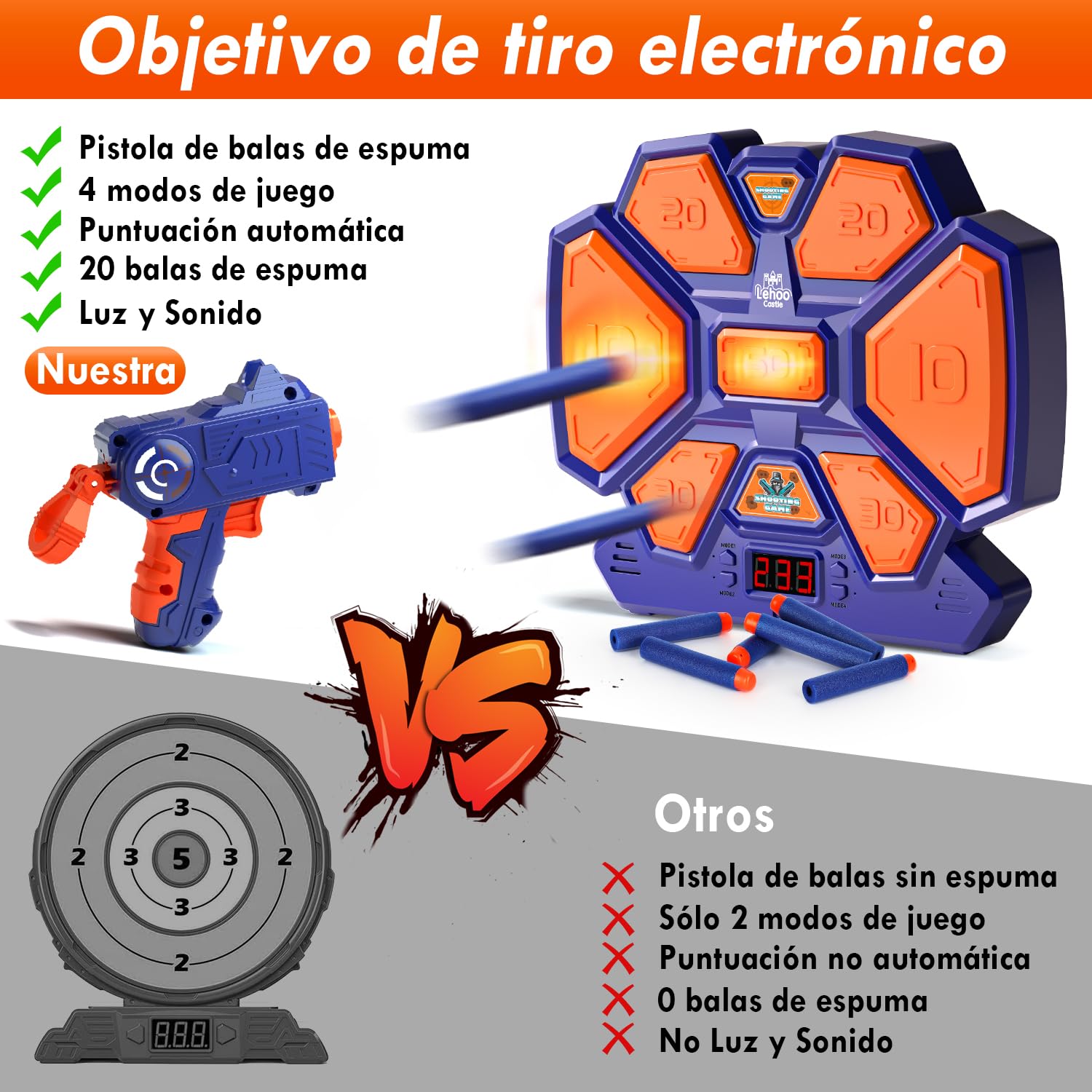 Lehoo Castle Digital Diana para Nerf, Objetivo de Tiro Electrónico con 1 Pistola de Dardos, 20 Balas Espuma, Juguetes Niños 5 6 7 8 9 años(Azul)